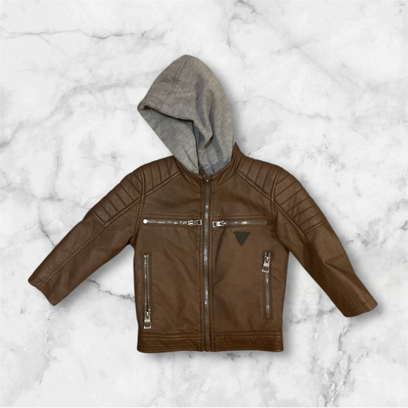 Guess Brown Faux Leather Jacket with Gray Hood sz 3 - Picture 1 of 4